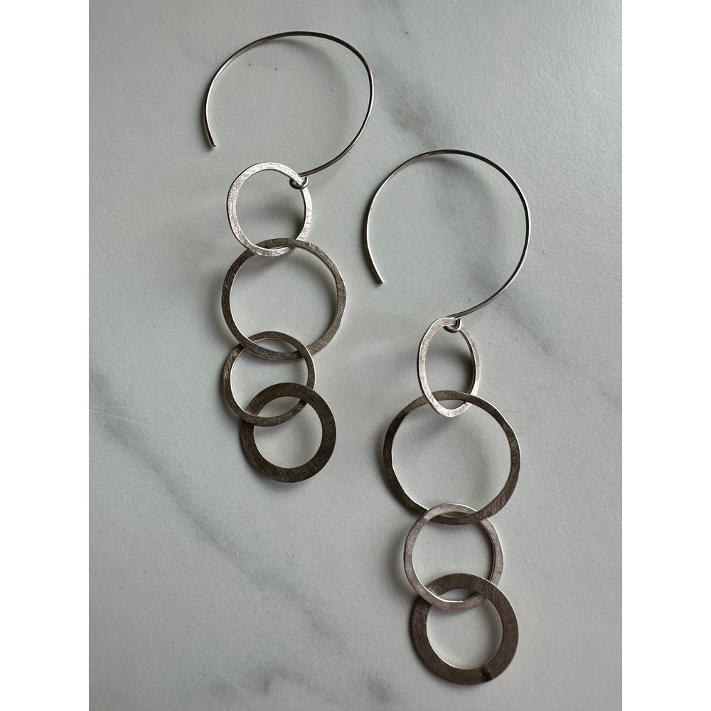 Sterling Silver Tiered Circle Drop Earrings Textured Geometric Artisan Dangle